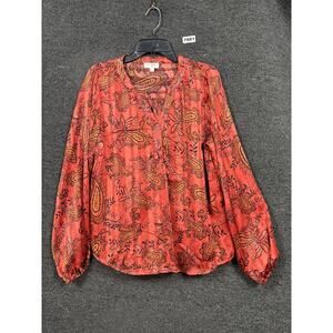Umgee Peasant Blouse Womens Size L Orange Paisley Long Sleeve V-Neck